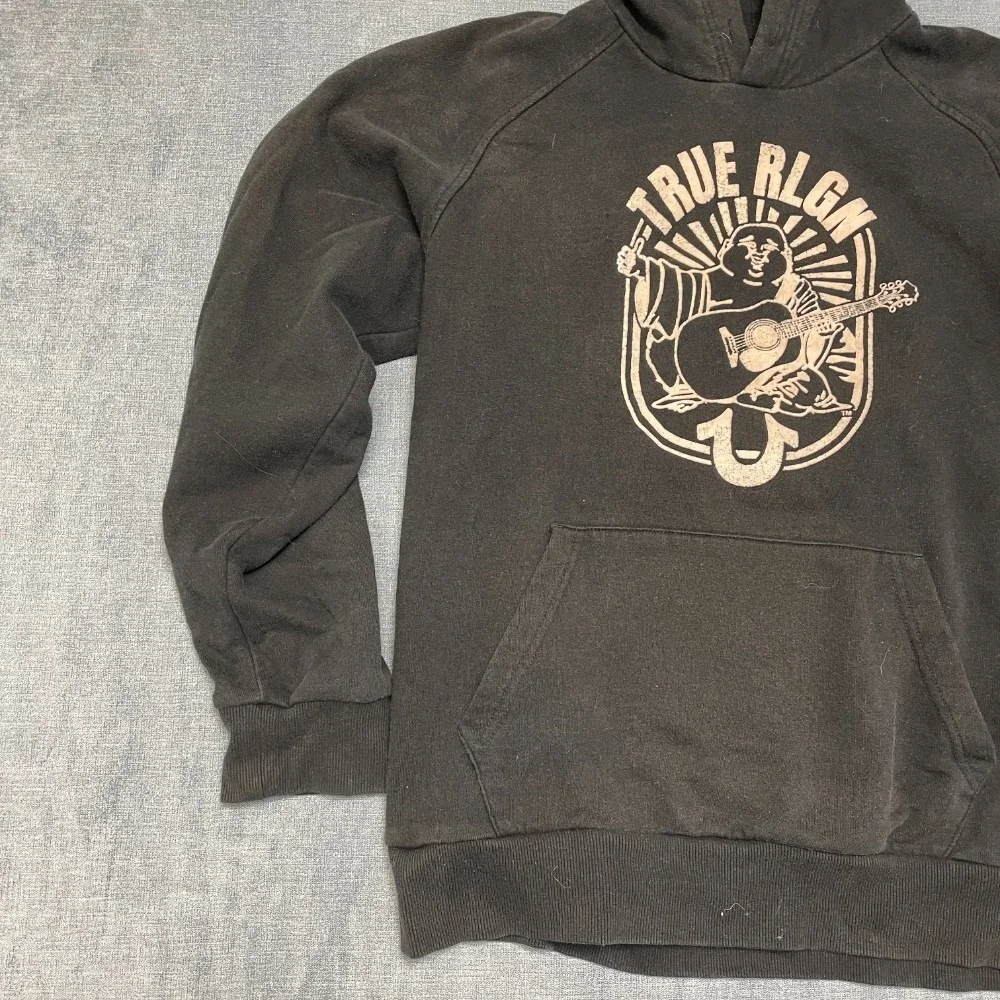 True Religion Hoodie Mens M Black Fleece Lined Buddha Graphic Pullover Cozy